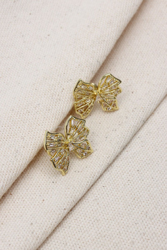 Trapez Taş Detaylı Gold Renk Fiyonk Küpe