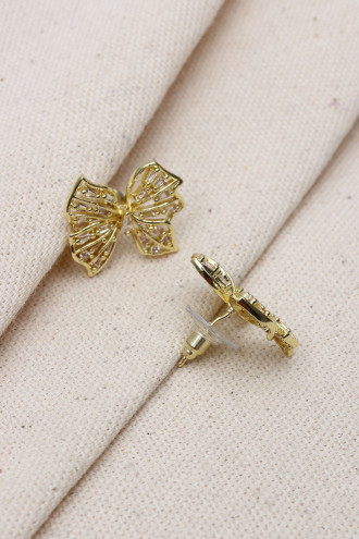 Trapez Taş Detaylı Gold Renk Fiyonk Küpe