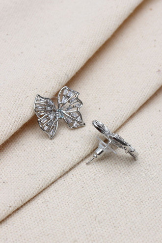 Trapez Taş Detaylı Gümüş Renk Fiyonk Küpe