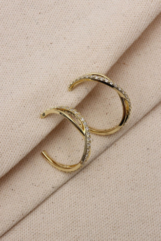 Çift Şeritli Gold Renk Zircon Taşlı Halka Küpe