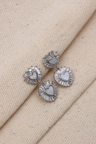 Beyaz Sedefli Kalp Figür Trapez Taşlı Gümüş Renk Küpe