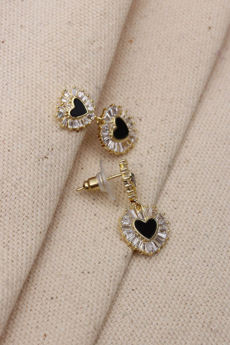 Siyah Mineli Kalp Figür Trapez Taşlı Gold Renk Küpe