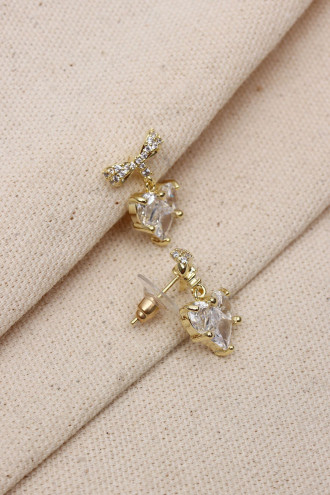 Kalp Taşlı Gold Renk Fiyonk Küpe Kalp Taşlı Gold Renk Fiyonk Küpe