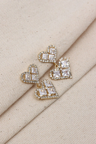 Kare Taş Detaylı Kalp Figür Sallantılı Gold Renk Abiye Küpe