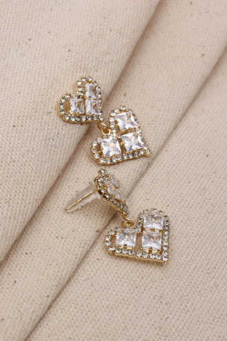 Kare Taş Detaylı Kalp Figür Sallantılı Gold Renk Abiye Küpe