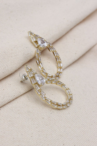 Trapez Taşlı Gold Renk Abiye Küpe