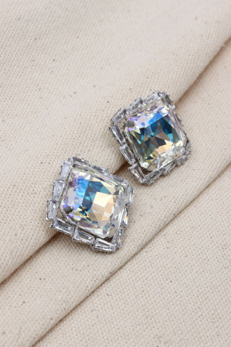 Trapez Taşlı Gümüş Renk Kare Abiye Küpe