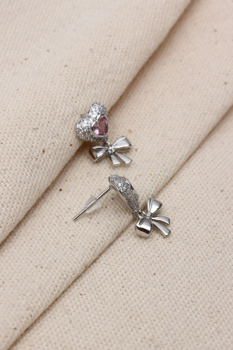 Gümüş Renk Pembe Kalp Taşlı Fiyonk Küpe