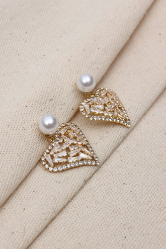 İnci Detaylı Gold Renk Kalp Figür Abiye Küpe