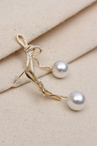 İnci Sallantılı Düğüm Model Gold Renk Abiye Küpe