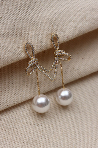 İnci Sallantılı Düğüm Model Gold Renk Abiye Küpe