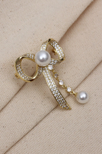 İnci Sallantılı Gold Renk Fiyonk Model Broş