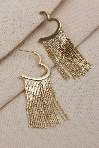 Kalp Figürlü Zincir Sallantılı Gold Renk Küpe