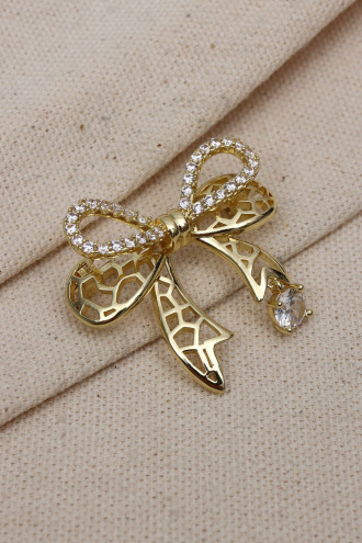 Taş Sallantılı Gold Renk Fiyonk Model Broş