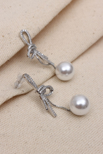 İnci Sallantılı Düğüm Model Gümüş Renk Abiye Küpe