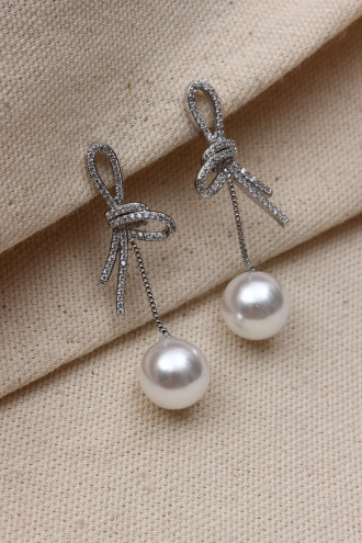 İnci Sallantılı Düğüm Model Gümüş Renk Abiye Küpe