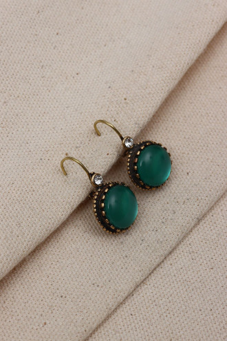 Saydam Koyu Yeşil Taşlı Otantik Yuvarlak Küpe