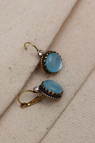 Saydam Mavi Taşlı Otantik Yuvarlak Küpe