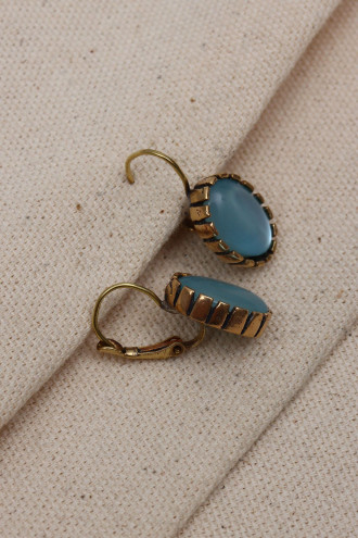 Saydam Mavi Taşlı Otantik Oval Küpe