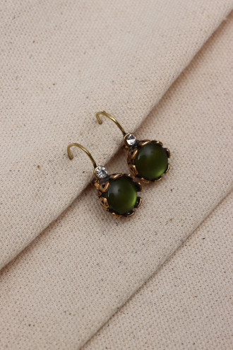 Saydam Açık Yeşil Taşlı Yuvarlak Otantik Küpe