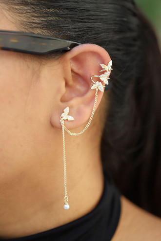 Kelebek Figürlü Gold Renk Zincir Sallantılı Kıkırdak Küpe