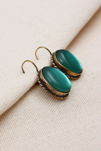 Saydam Açık Yeşil Taşlı Otantik Oval Küpe