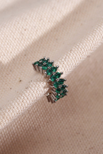 İki Sıralı Yeşil Taşlı Tek Sıkıştırmalı Gümüş Renk Kıkırdak Küpe