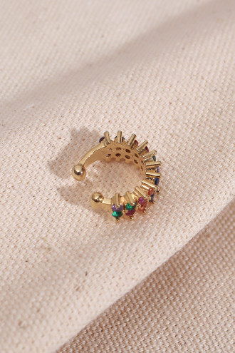 İki Sıralı Renkli Taşlı Tek Sıkıştırmalı Gold Kıkırdak Küpe