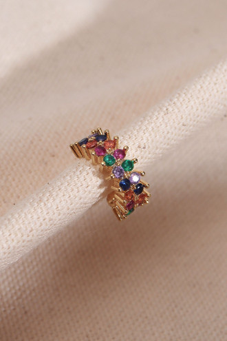 İki Sıralı Renkli Taşlı Tek Sıkıştırmalı Gold Kıkırdak Küpe