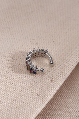 İki Sıralı Renkli Taşlı Tek Sıkıştırmalı Gümüş Renk Kıkırdak Küpe