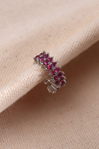 İki Sıralı Pembe Taşlı Tek Sıkıştırmalı Gümüş Renk Kıkırdak Küpe