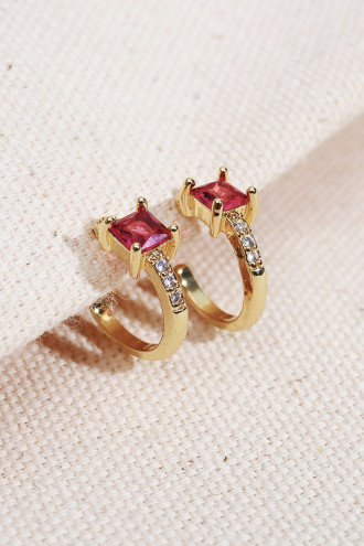 Pembe Kare Taşlı Gold Renk Halka Küpe