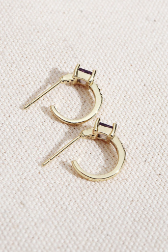 Mor Kare Taşlı Gold Renk Halka Küpe