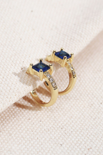 Lacivert Kare Taşlı Gold Renk Halka Küpe