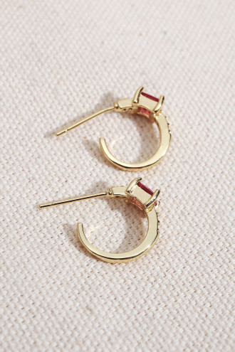 Pembe Kare Taşlı Gold Renk Halka Küpe