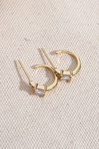 Beyaz Kare Taşlı Gold Renk Halka Küpe