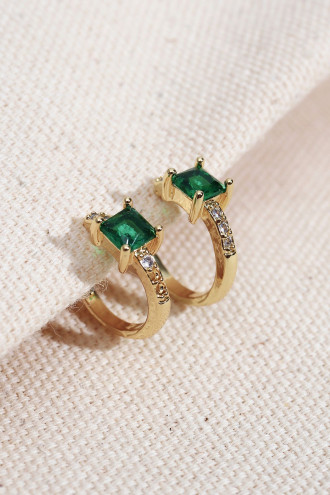 Yeşil Kare Taşlı Gold Renk Halka Küpe
