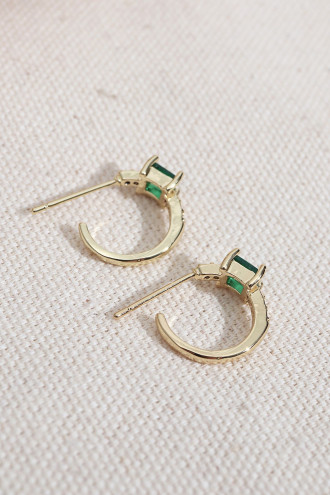 Yeşil Kare Taşlı Gold Renk Halka Küpe