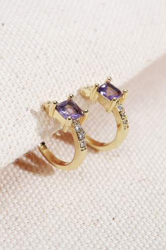 Mor Kare Taşlı Gold Renk Halka Küpe
