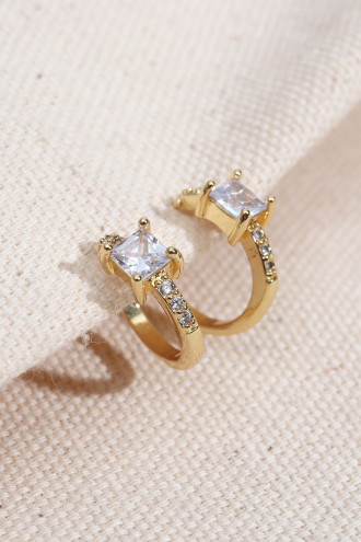 Beyaz Kare Taşlı Gold Renk Halka Küpe