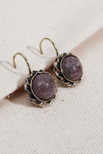 Mürdüm Yuvarlak Taşlı Otantik Küpe