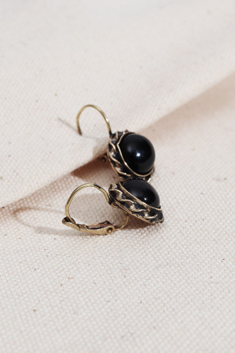 Siyah Yuvarlak Taşlı Otantik Küpe