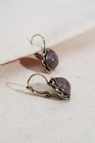 Mürdüm Yuvarlak Taşlı Otantik Küpe