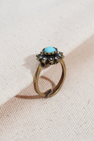 Turkuaz Taşlı Çiçek Figür Ayarlanabilir Otantik Yüzük