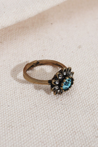 Mavi Taşlı Çiçek Figür Ayarlanabilir Otantik Yüzük