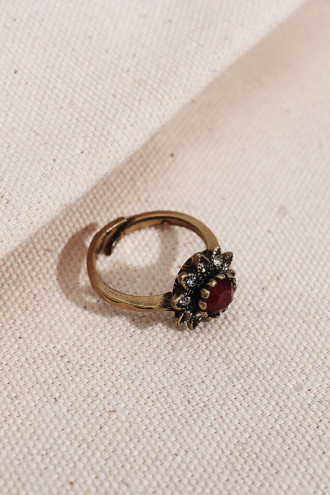 Bordo Taşlı Çiçek Figür Ayarlanabilir Otantik Yüzük