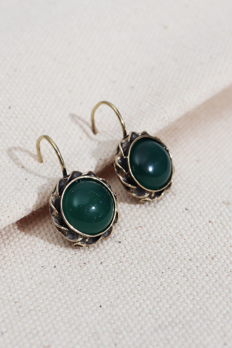 Yeşil Yuvarlak Taşlı Otantik Küpe