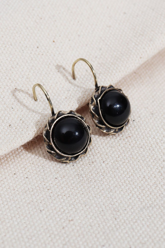 Siyah Yuvarlak Taşlı Otantik Küpe