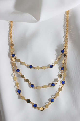 3'lü Lacivert Taşlı Üçgen Zincir Gold Kolye