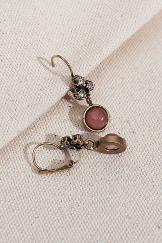 Yuvarlak Saydam Pembe Taşlı Sallantılı Otantik Küpe